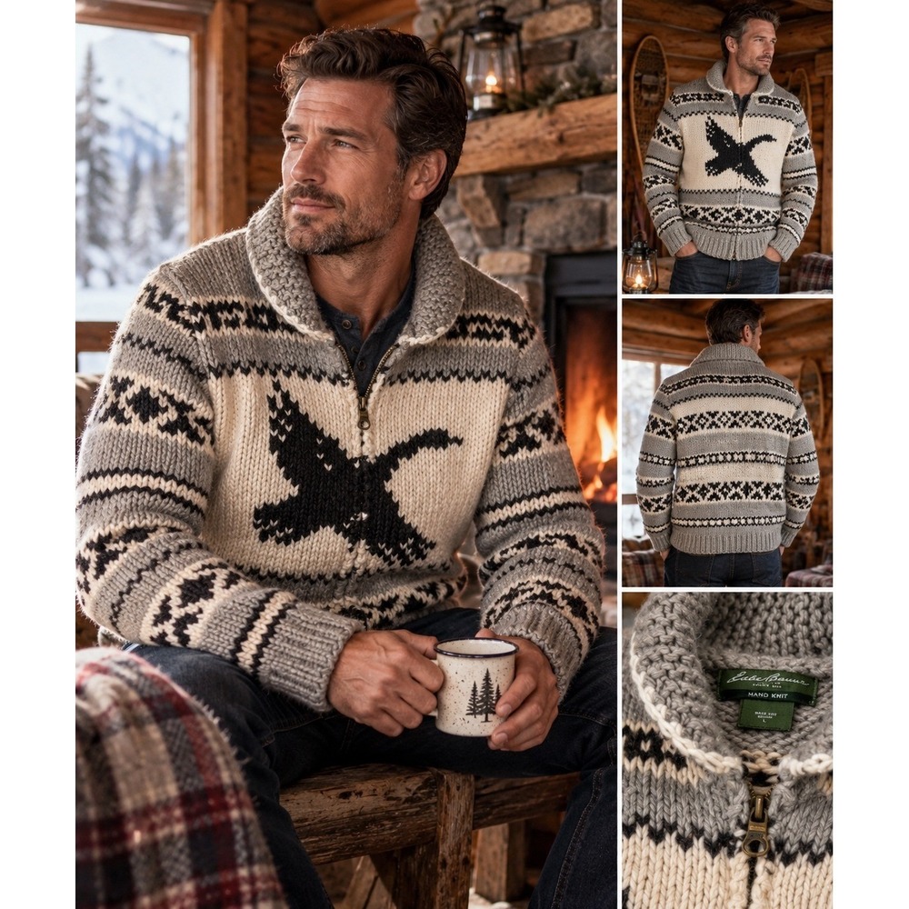 Eddie Bauer L Cowichan Goose Hand Knit 100% Wool Full Zip Sweater Cardigan